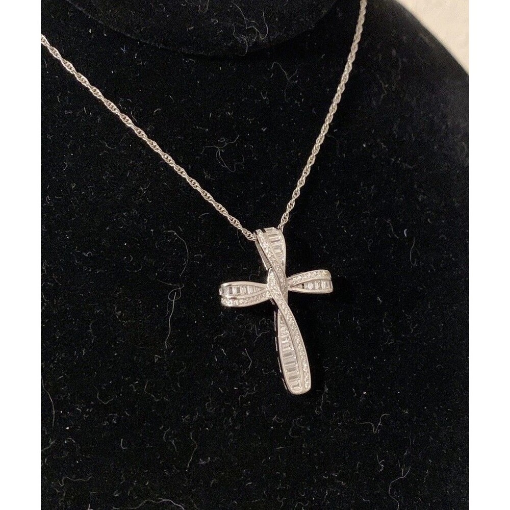 FZN Sterling Silver Cross Necklace Large Cubic Zirconia Religious 18”